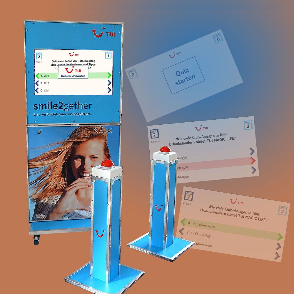 Kompakter Multimedia-Klappkoffer mit animiertem Quiz, Suchspiel, Werbevideo und mehr
